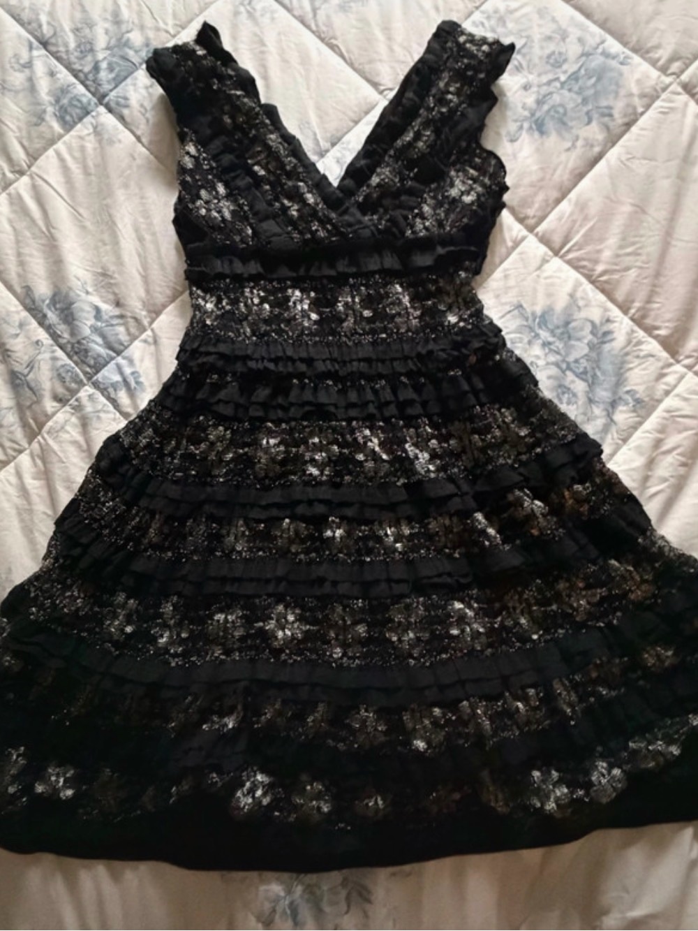 Max Studio Black Lace Ruffle V-Neck Mini Dress